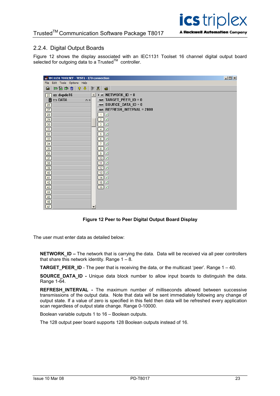 Digital output boards, Trusted, Communication software package t8017 | Rockwell Automation T8017 Trusted Peer to Peer Communications User Manual | Page 23 / 46