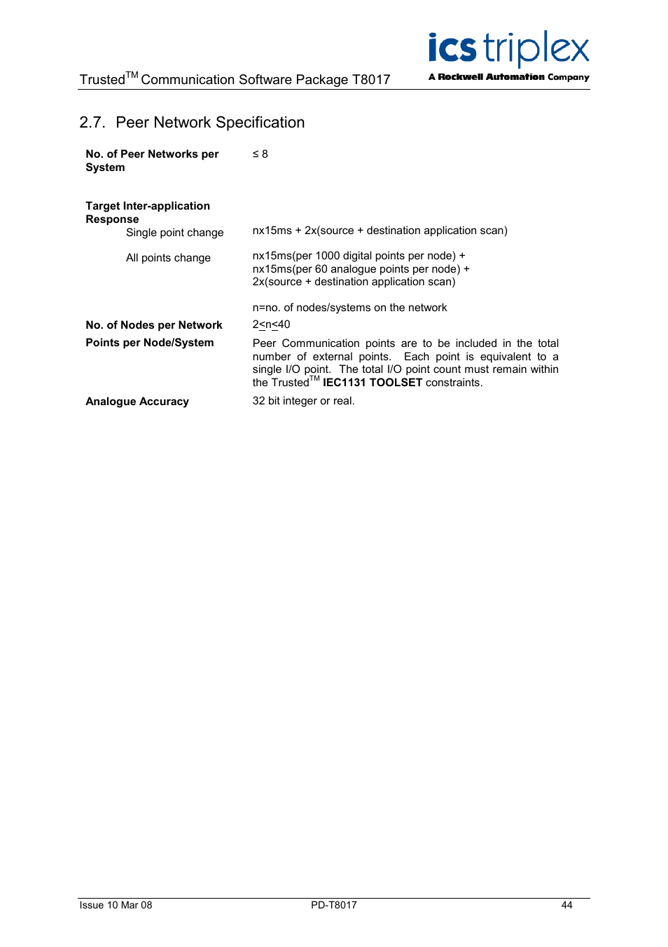 Peer network specification, Trusted, Communication software package t8017 | Rockwell Automation T8017 Trusted Peer to Peer Communications User Manual | Page 44 / 46