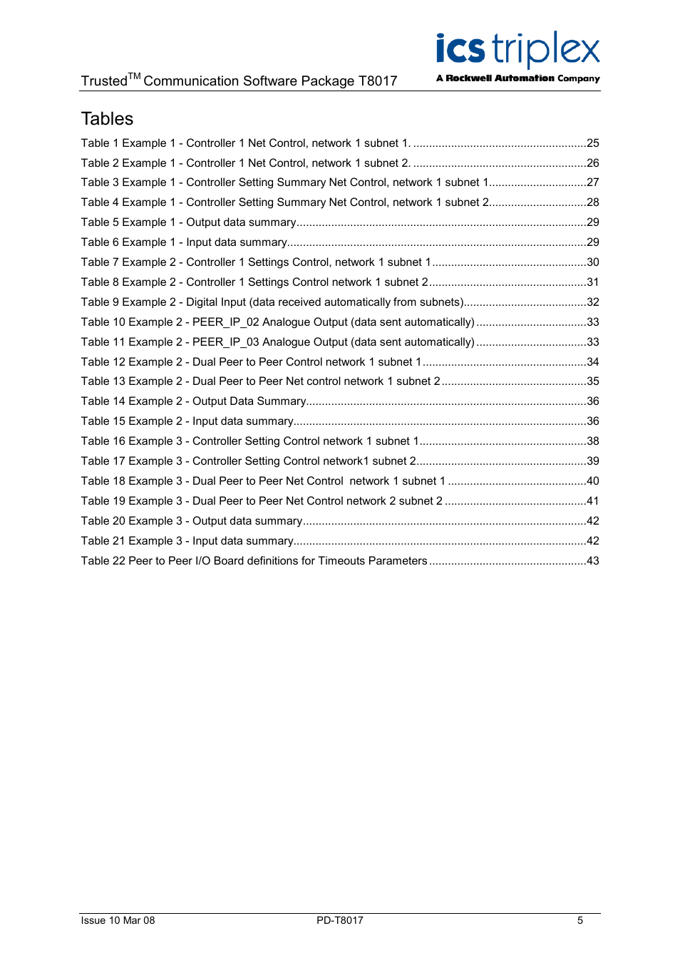 Tables | Rockwell Automation T8017 Trusted Peer to Peer Communications User Manual | Page 5 / 46