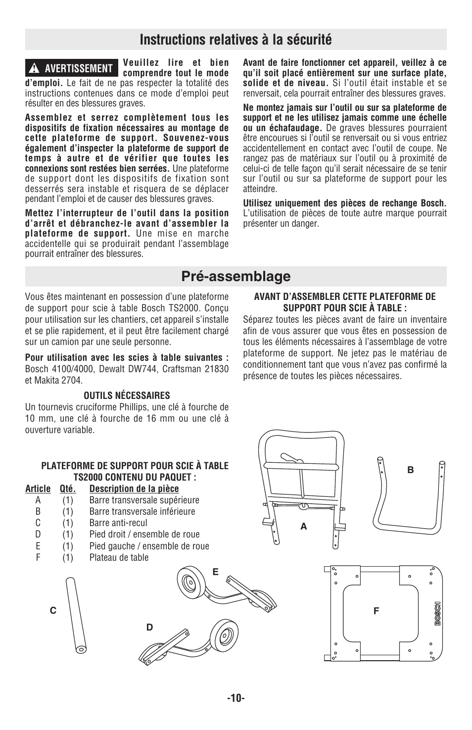 Instructions relatives à la sécurité, Pré-assemblage | Bosch TS2000 User Manual | Page 10 / 28