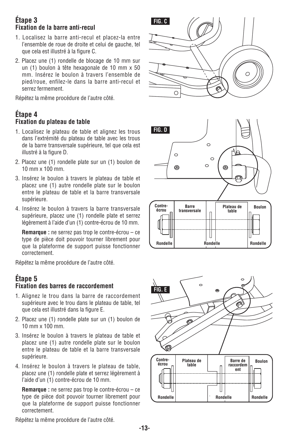 Étape 4, Étape 5, Étape 3 | Fixation du plateau de table, Fixation des barres de raccordement, Fixation de la barre anti-recul | Bosch TS2000 User Manual | Page 13 / 28