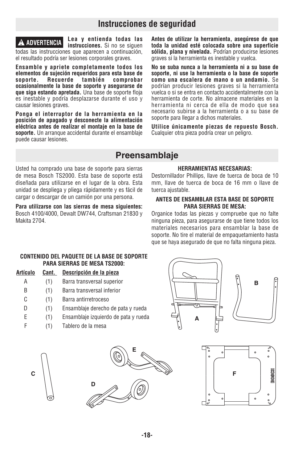 Instrucciones de seguridad, Preensamblaje | Bosch TS2000 User Manual | Page 18 / 28