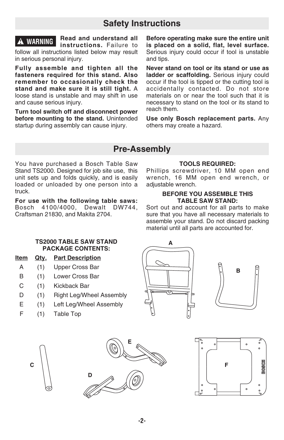 Pre-assembly safety instructions, Warning | Bosch TS2000 User Manual | Page 2 / 28