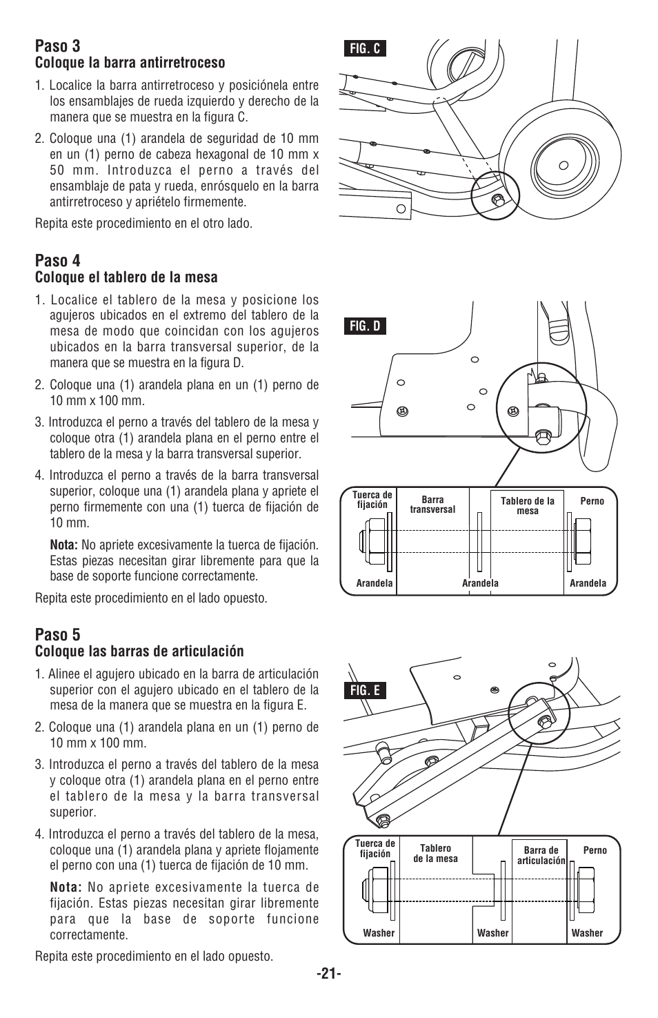 Paso 4, Paso 5, Paso 3 | Coloque el tablero de la mesa, Coloque las barras de articulación, Coloque la barra antirretroceso | Bosch TS2000 User Manual | Page 21 / 28