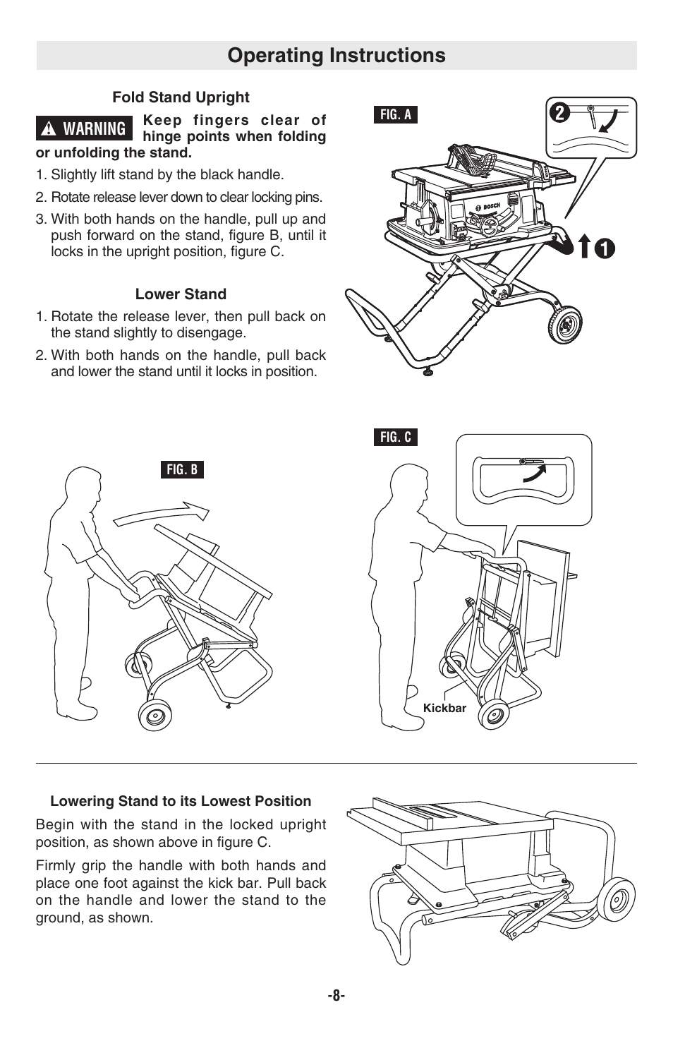 Operating instructions, Warning | Bosch TS2000 User Manual | Page 8 / 28