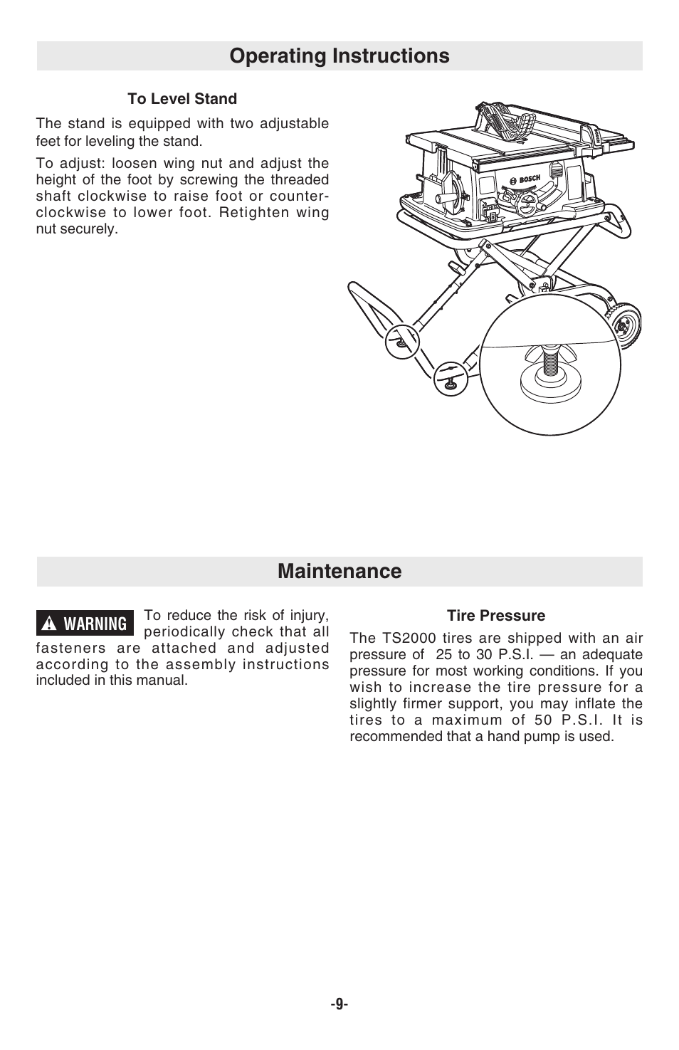 Operating instructions maintenance | Bosch TS2000 User Manual | Page 9 / 28