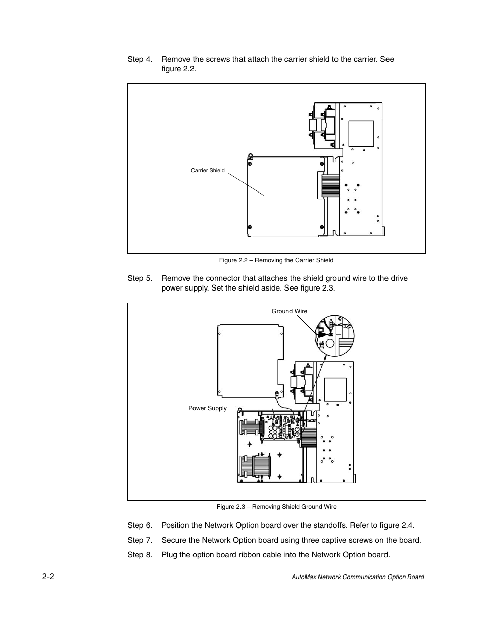 Figure 2.2 - removing the carrier shield, Figure 2.3 - removing shield ground wire | Rockwell Automation FlexPak/WebPak 3000 DC Drive AutoMax Network Communication Board User Manual | Page 16 / 108