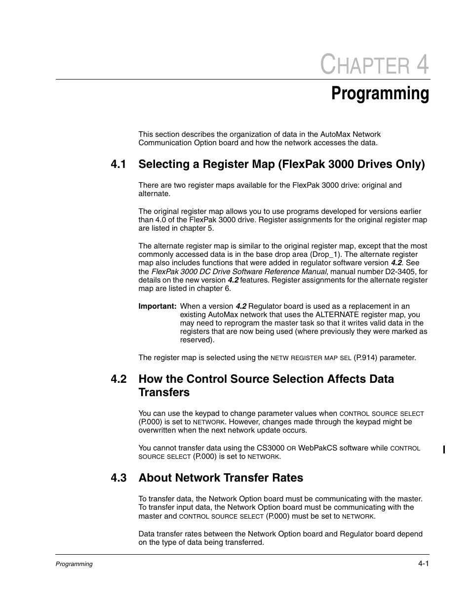 Chapter 4 programming, 3 about network transfer rates, Hapter | Programming | Rockwell Automation FlexPak/WebPak 3000 DC Drive AutoMax Network Communication Board User Manual | Page 23 / 108