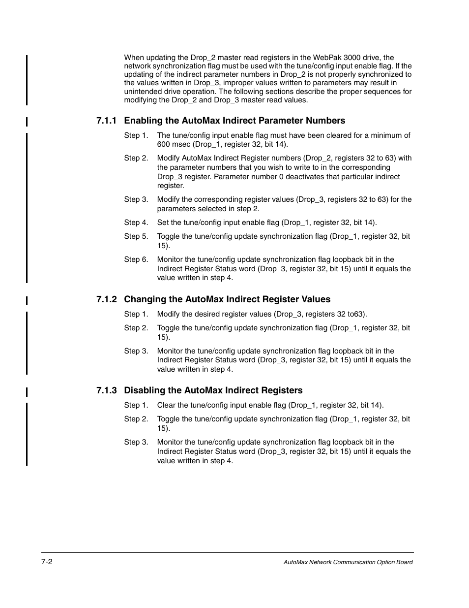 1 enabling the automax indirect parameter numbers, 2 changing the automax indirect register values, 3 disabling the automax indirect registers | Rockwell Automation FlexPak/WebPak 3000 DC Drive AutoMax Network Communication Board User Manual | Page 70 / 108