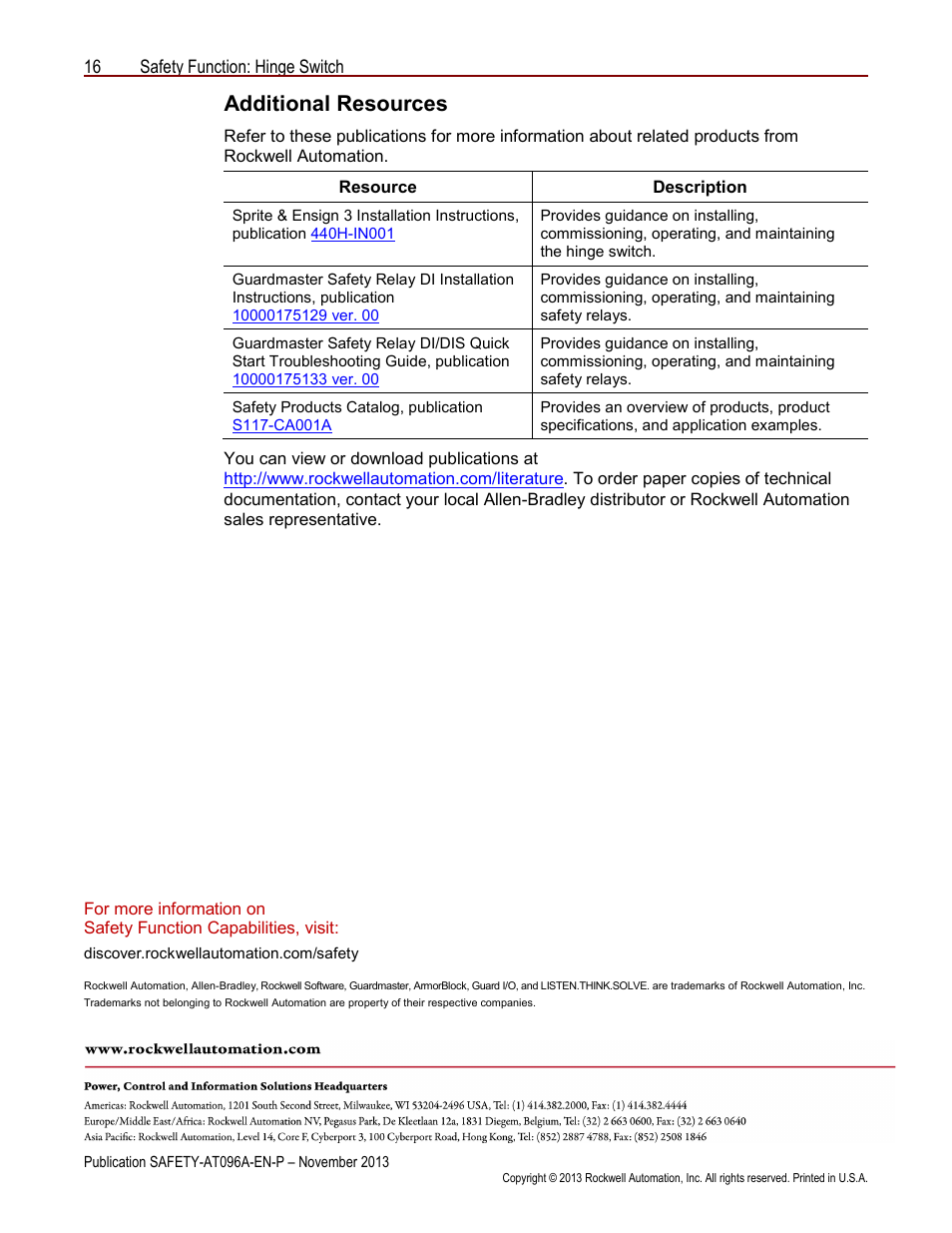 Additional resources, Back cover | Rockwell Automation Safety Function: Hinge Switch User Manual | Page 16 / 16