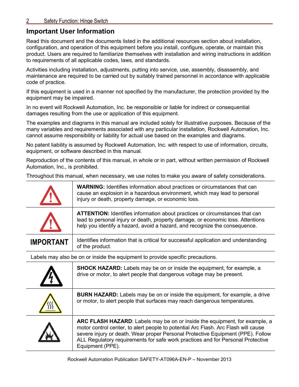 Important user information, Important | Rockwell Automation Safety Function: Hinge Switch User Manual | Page 2 / 16