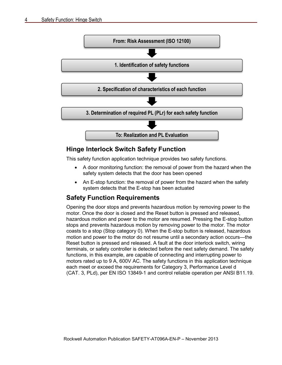 Hinge interlock switch safety function, Safety function requirements | Rockwell Automation Safety Function: Hinge Switch User Manual | Page 4 / 16