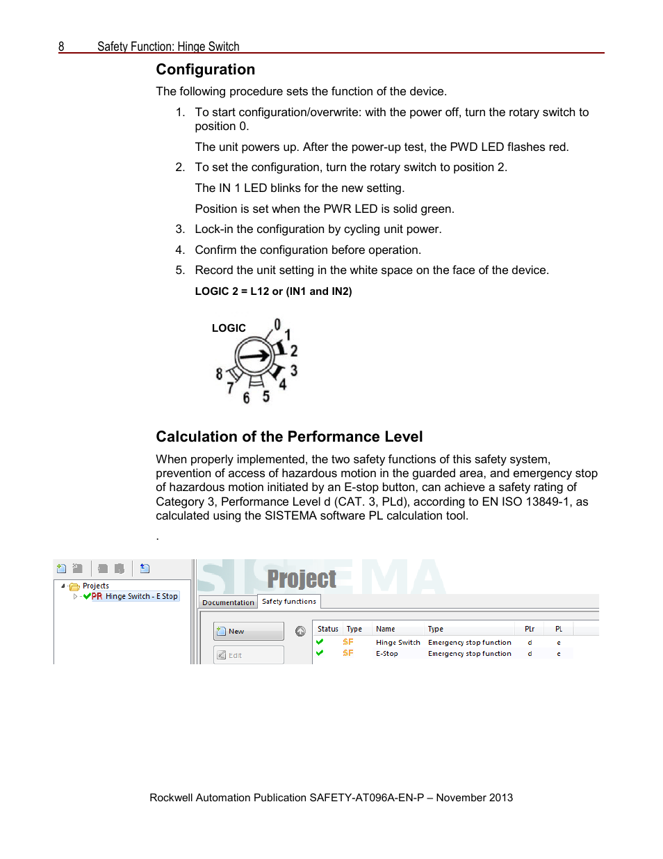 Configuration, Calculation of the performance level | Rockwell Automation Safety Function: Hinge Switch User Manual | Page 8 / 16