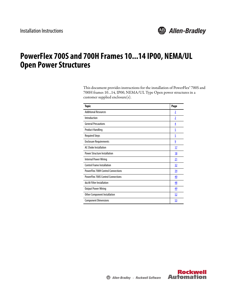 Rockwell Automation 20D PowerFlex 700S/700H Frames 10...14 IP00, NEMA/UL Open Power Structures User Manual | 64 pages