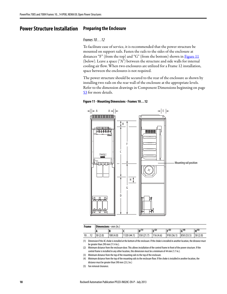 Power structure installation, Preparing the enclosure, Frames 10…12 | Rockwell Automation 20D PowerFlex 700S/700H Frames 10...14 IP00, NEMA/UL Open Power Structures User Manual | Page 18 / 64