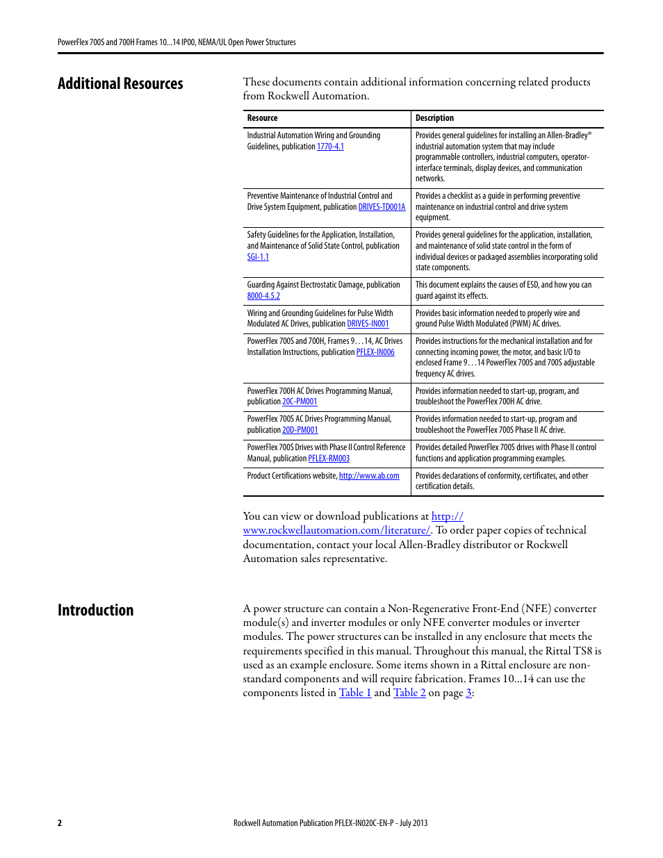 Additional resources, Introduction | Rockwell Automation 20D PowerFlex 700S/700H Frames 10...14 IP00, NEMA/UL Open Power Structures User Manual | Page 2 / 64