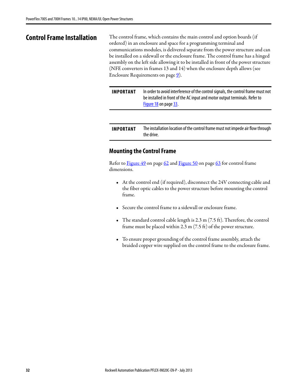 Control frame installation, Mounting the control frame | Rockwell Automation 20D PowerFlex 700S/700H Frames 10...14 IP00, NEMA/UL Open Power Structures User Manual | Page 32 / 64