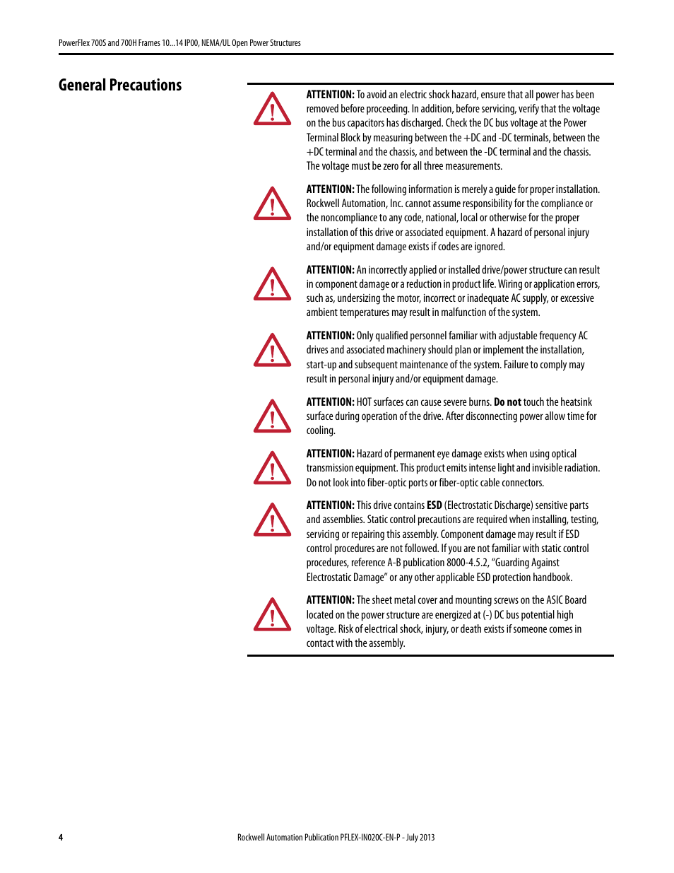 General precautions | Rockwell Automation 20D PowerFlex 700S/700H Frames 10...14 IP00, NEMA/UL Open Power Structures User Manual | Page 4 / 64