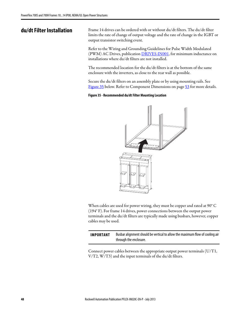 Du/dt filter installation | Rockwell Automation 20D PowerFlex 700S/700H Frames 10...14 IP00, NEMA/UL Open Power Structures User Manual | Page 48 / 64