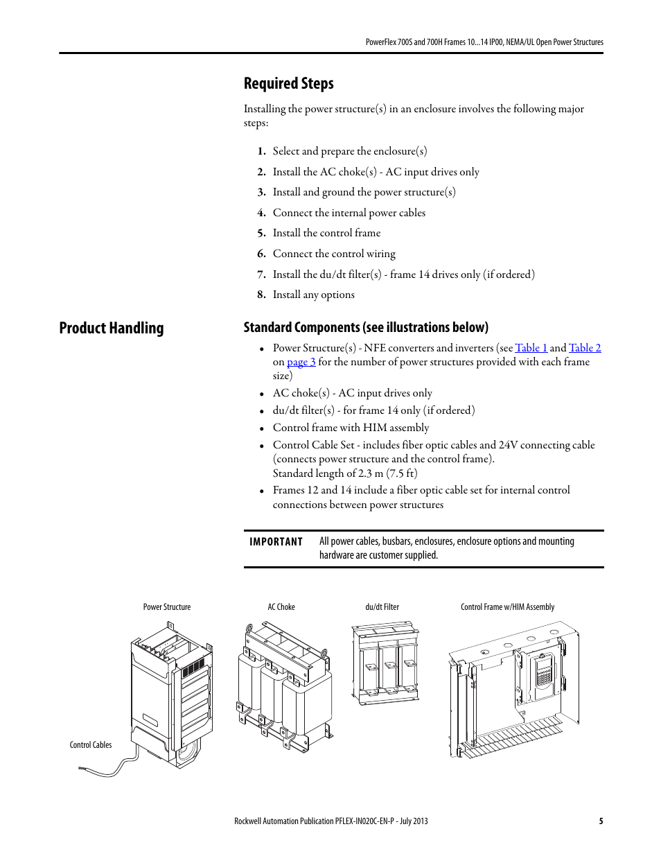 Required steps, Product handling, Standard components (see illustrations below) | Rockwell Automation 20D PowerFlex 700S/700H Frames 10...14 IP00, NEMA/UL Open Power Structures User Manual | Page 5 / 64
