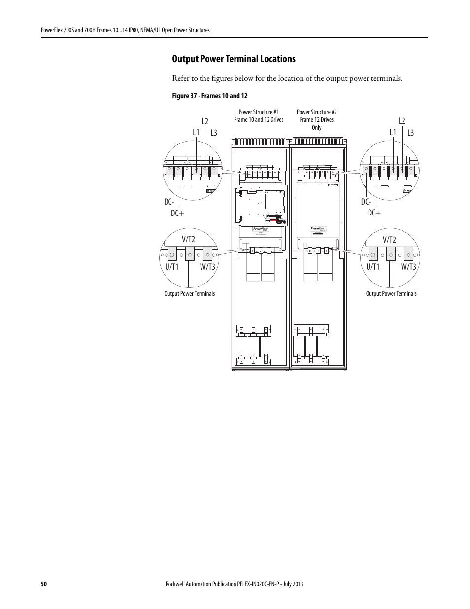 Output power terminal locations | Rockwell Automation 20D PowerFlex 700S/700H Frames 10...14 IP00, NEMA/UL Open Power Structures User Manual | Page 50 / 64