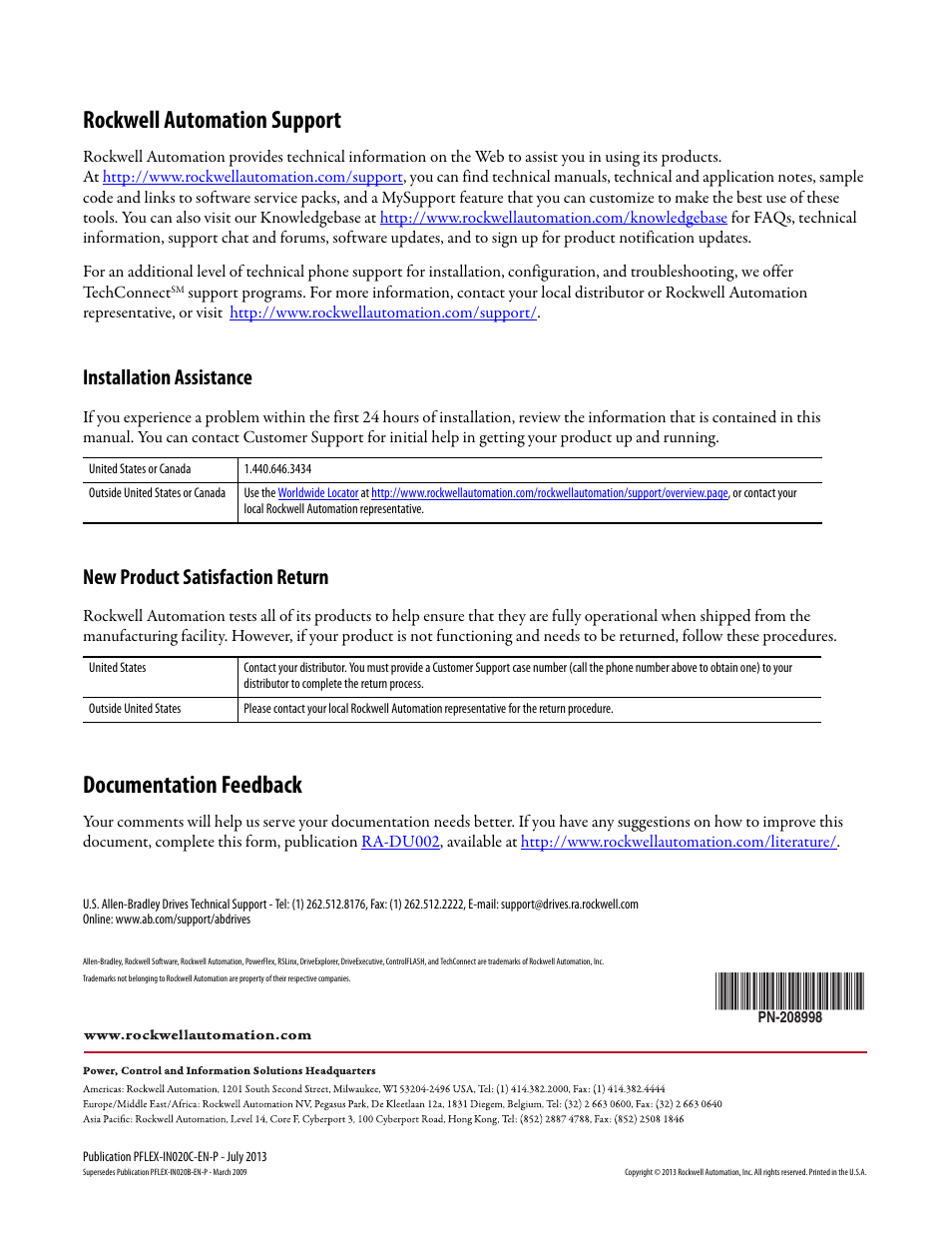 Rockwell automation support, Documentation feedback, Installation assistance | New product satisfaction return | Rockwell Automation 20D PowerFlex 700S/700H Frames 10...14 IP00, NEMA/UL Open Power Structures User Manual | Page 64 / 64