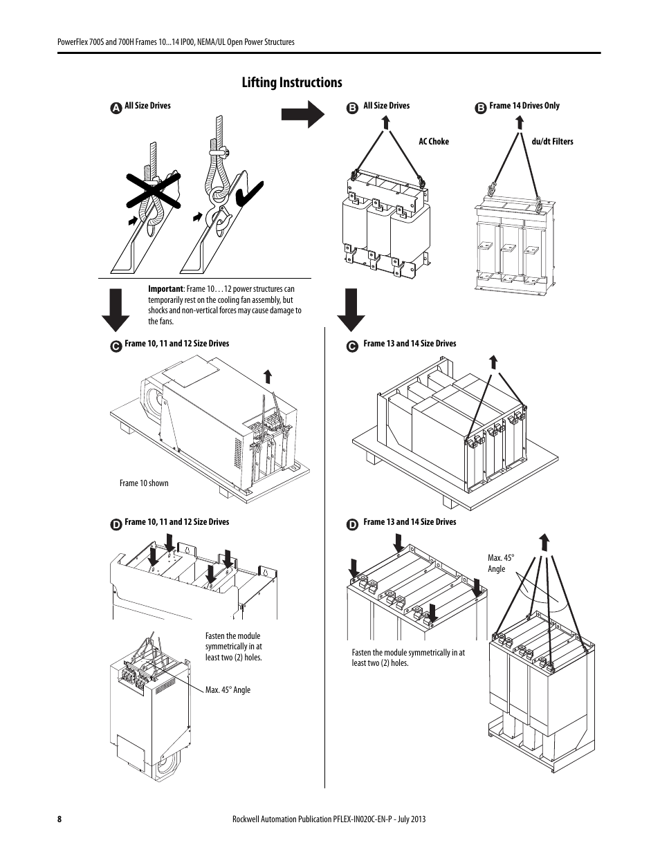 Lifting instructions | Rockwell Automation 20D PowerFlex 700S/700H Frames 10...14 IP00, NEMA/UL Open Power Structures User Manual | Page 8 / 64
