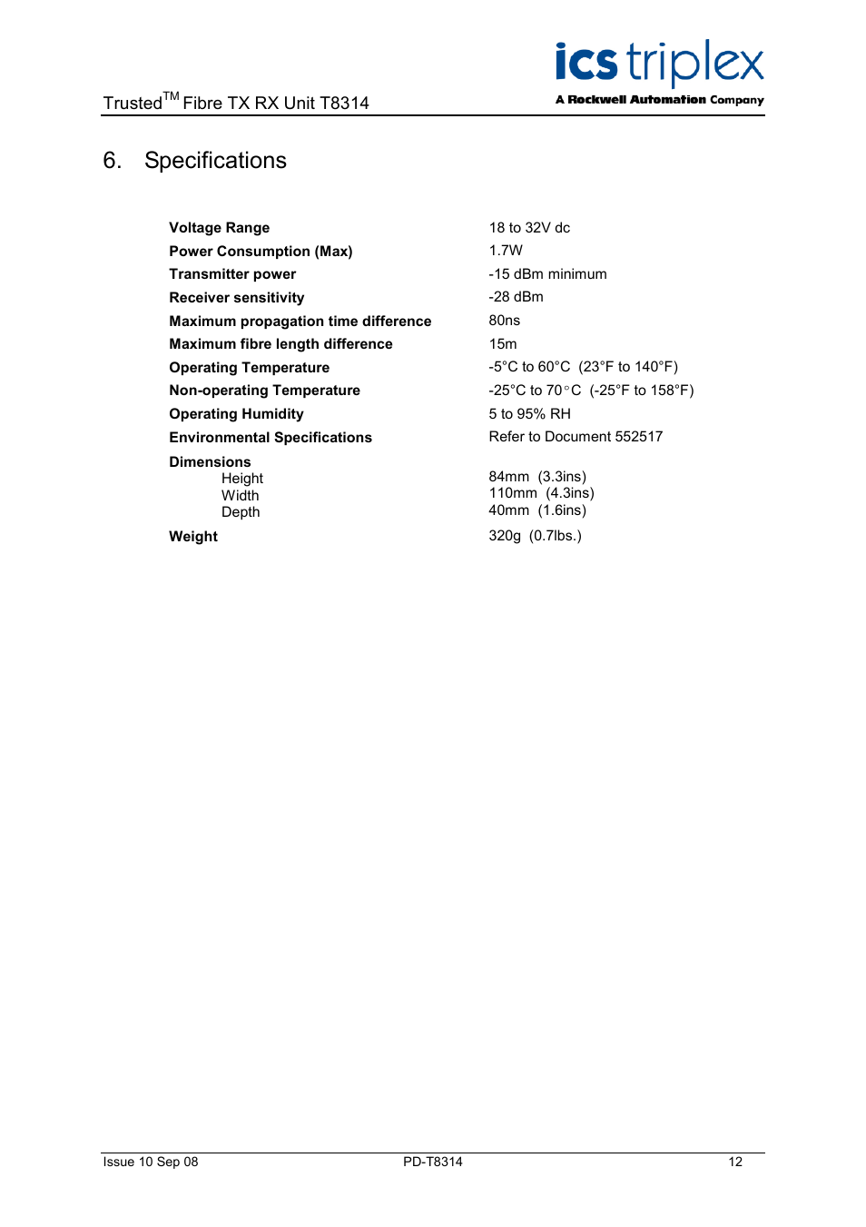 Specifications, Trusted, Fibre tx rx unit t8314 | Rockwell Automation T8314 Trusted Fibre TR/TX Unit User Manual | Page 12 / 14