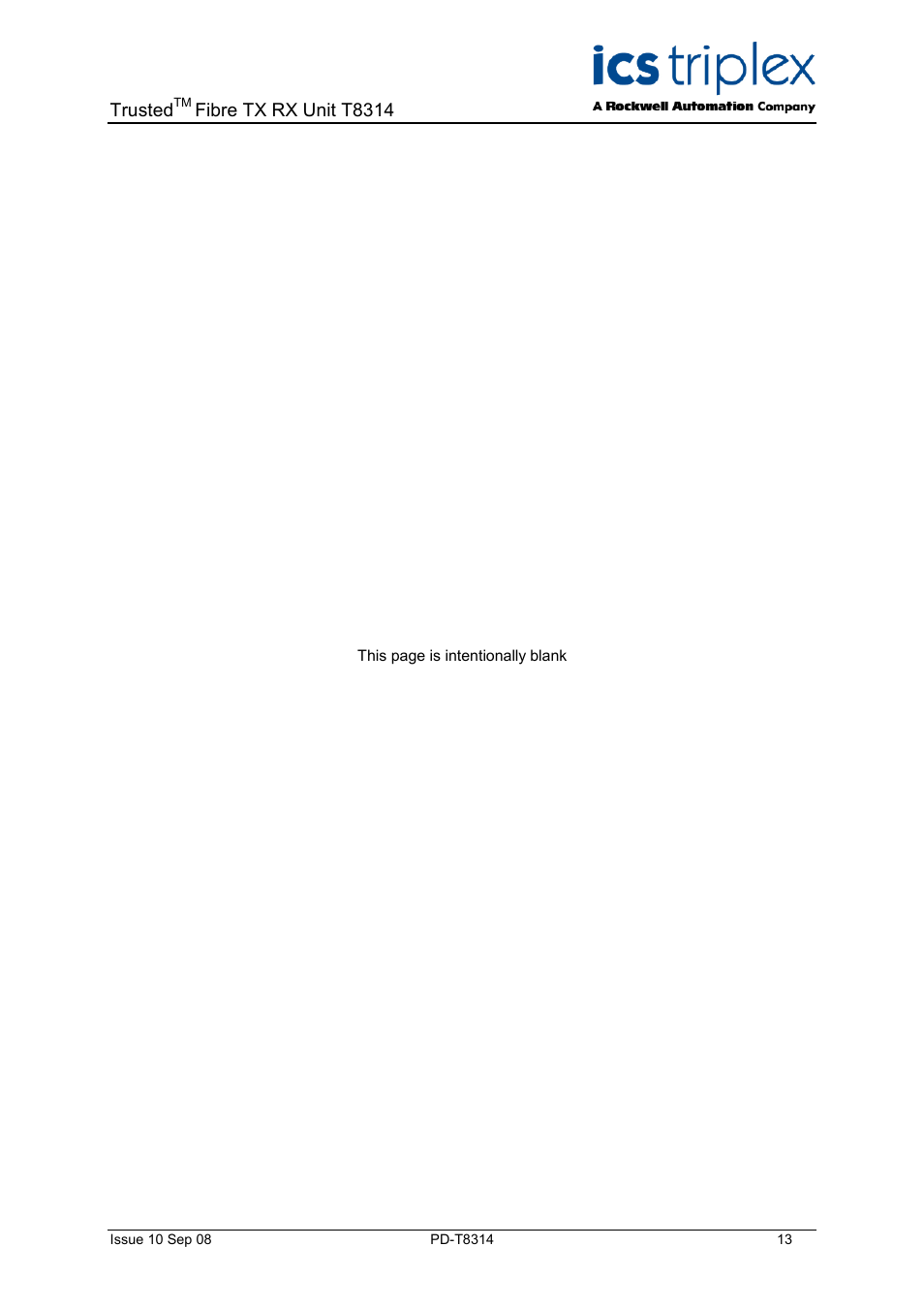 Trusted, Fibre tx rx unit t8314 | Rockwell Automation T8314 Trusted Fibre TR/TX Unit User Manual | Page 13 / 14