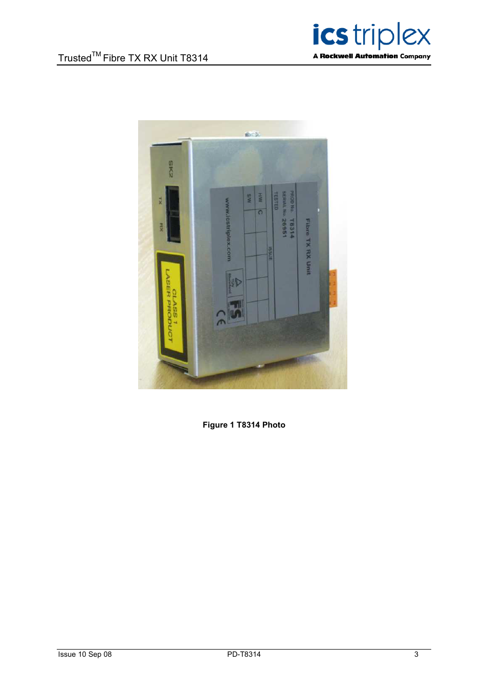 Trusted, Fibre tx rx unit t8314 | Rockwell Automation T8314 Trusted Fibre TR/TX Unit User Manual | Page 3 / 14
