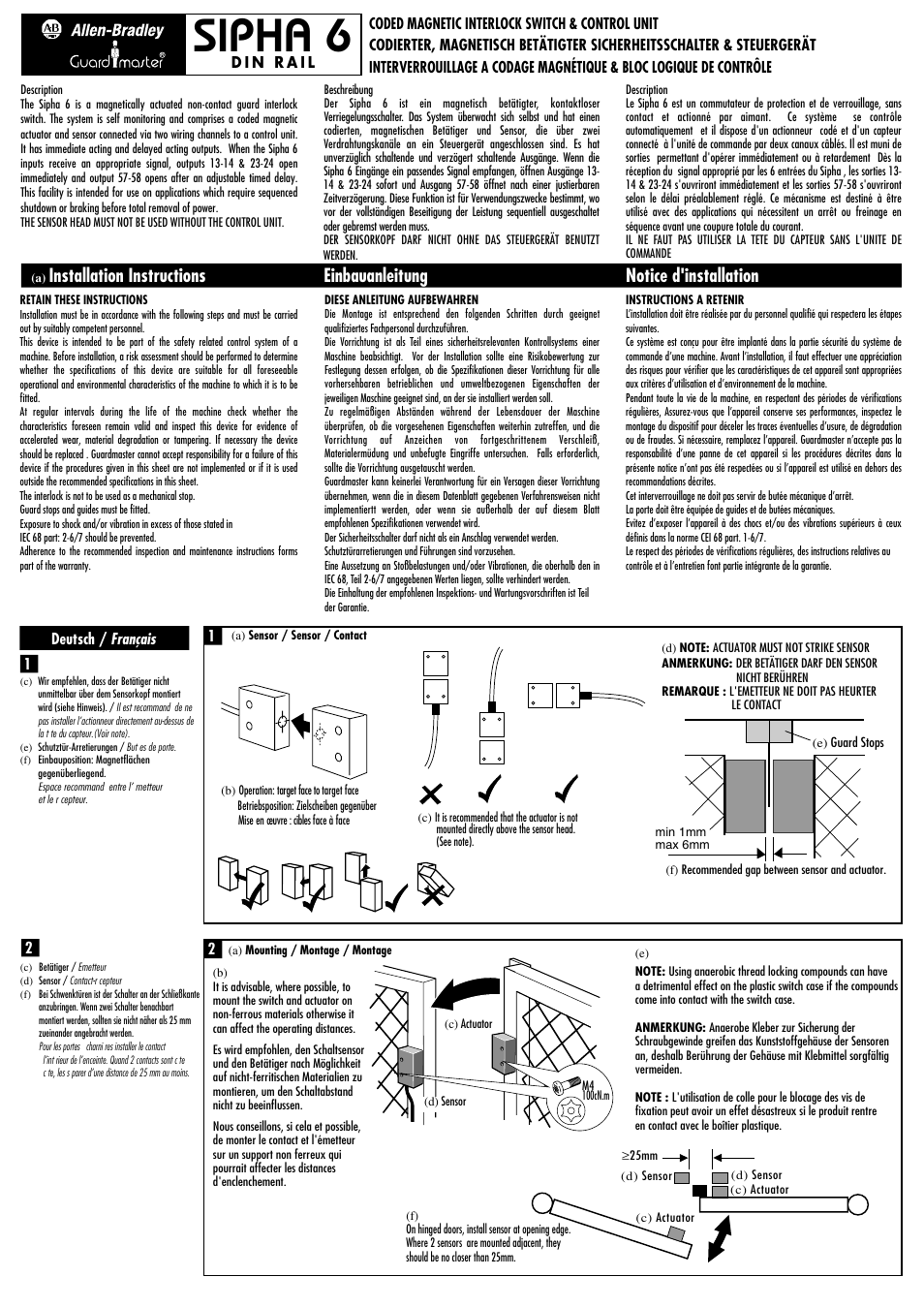 Rockwell Automation Sipha 6 Coded Magnetic Interlock Sensor Actuator User Manual | 4 pages