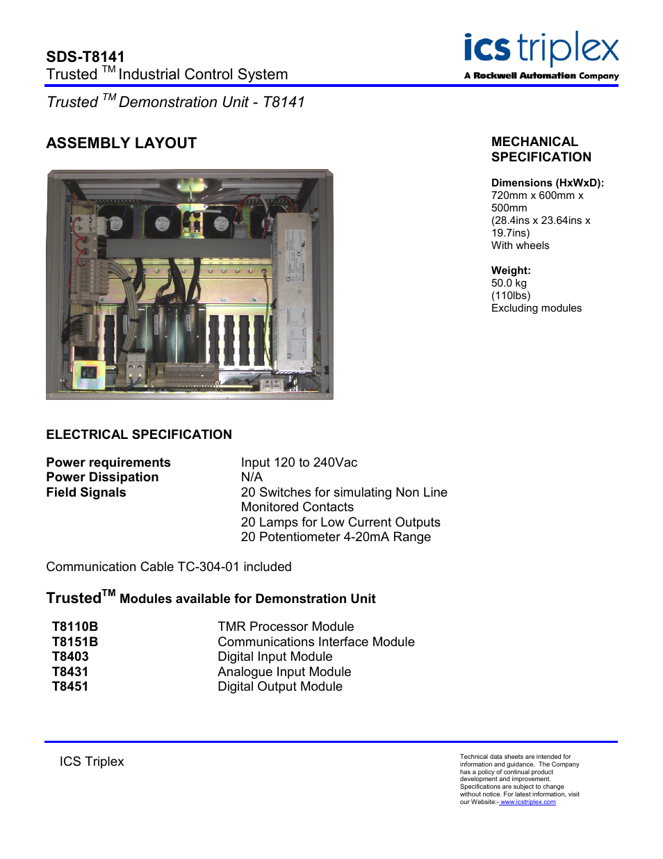Assembly layout, Electrical specification, Power requirements input 120 to 240vac | Trustedtm modules available for demonstration unit, Sds-t8141 trusted, Industrial control system trusted, Demonstration unit - t8141, Trusted | Rockwell Automation T8141 Trusted Demonstration Unit User Manual | Page 2 / 2