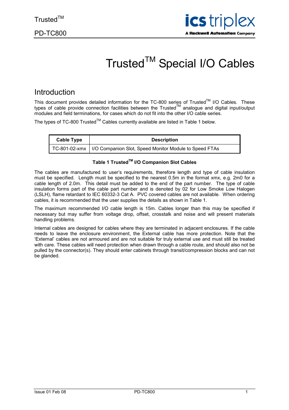 Rockwell Automation TC800 Trusted Special I/O Cables User Manual | 8 pages
