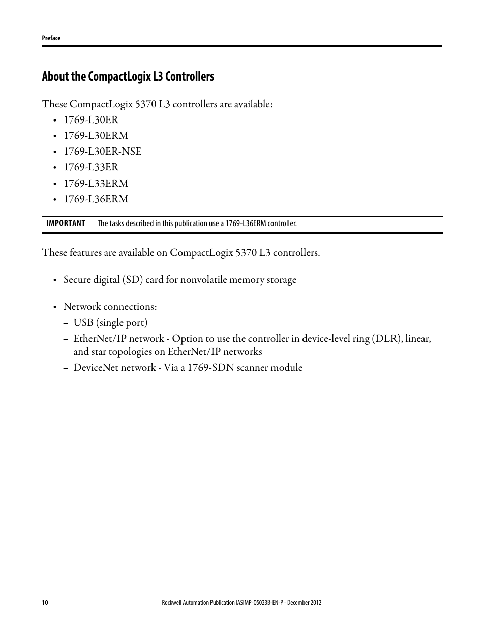 About the compactlogix l3 controllers | Rockwell Automation 1769-L30ER_L30ERM_L30ER-NSE_L33ERM_L33ER_L36ERM CompactLogix 5370 L3 Controllers Quick Start User Manual | Page 10 / 88