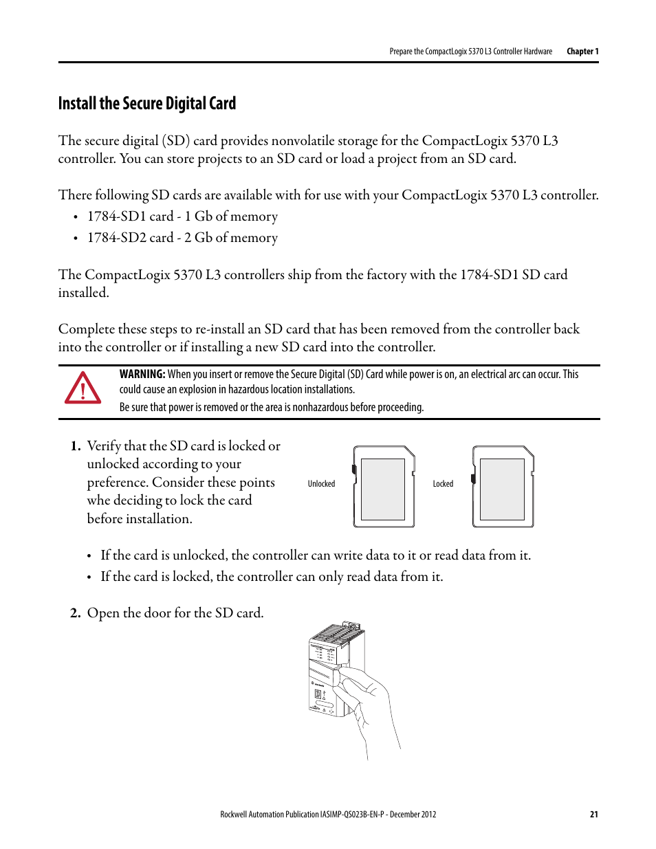 Install the secure digital card, Install the secure, Digital card | Rockwell Automation 1769-L30ER_L30ERM_L30ER-NSE_L33ERM_L33ER_L36ERM CompactLogix 5370 L3 Controllers Quick Start User Manual | Page 21 / 88