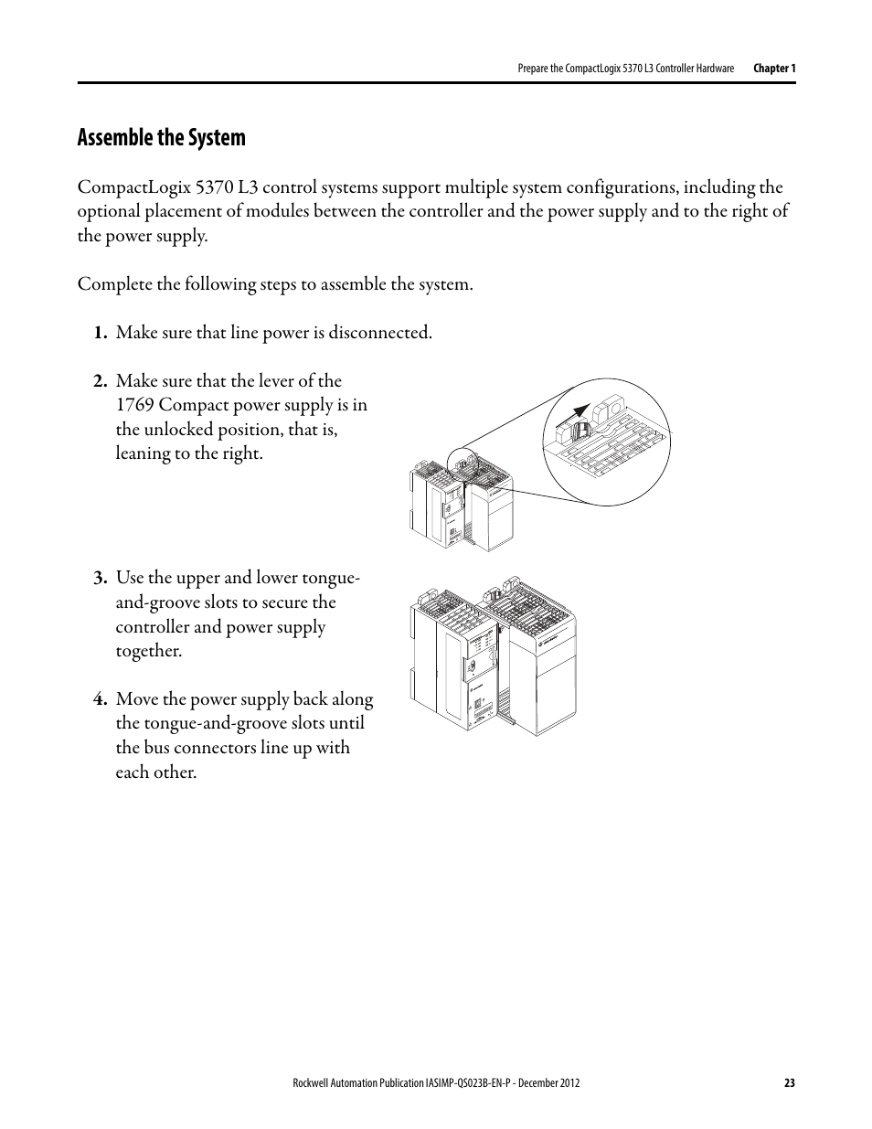 Assemble the system, Assemble the, System | Rockwell Automation 1769-L30ER_L30ERM_L30ER-NSE_L33ERM_L33ER_L36ERM CompactLogix 5370 L3 Controllers Quick Start User Manual | Page 23 / 88