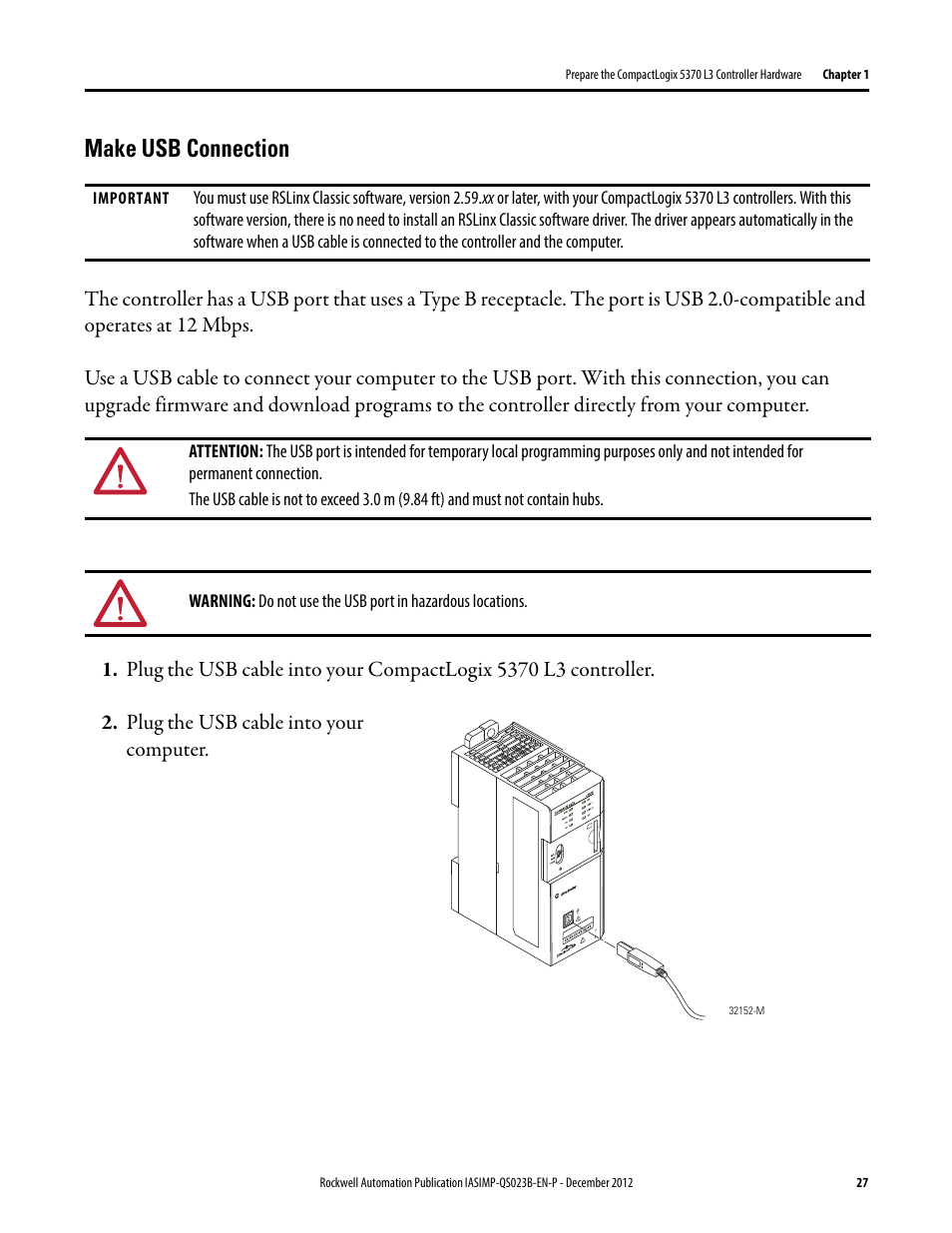 Make usb connection | Rockwell Automation 1769-L30ER_L30ERM_L30ER-NSE_L33ERM_L33ER_L36ERM CompactLogix 5370 L3 Controllers Quick Start User Manual | Page 27 / 88