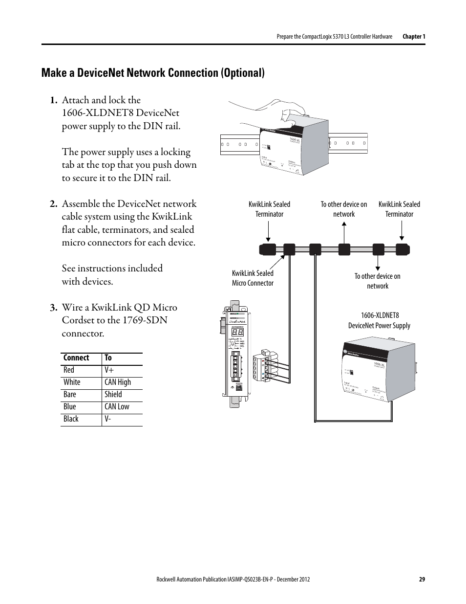 Make a devicenet network connection (optional) | Rockwell Automation 1769-L30ER_L30ERM_L30ER-NSE_L33ERM_L33ER_L36ERM CompactLogix 5370 L3 Controllers Quick Start User Manual | Page 29 / 88