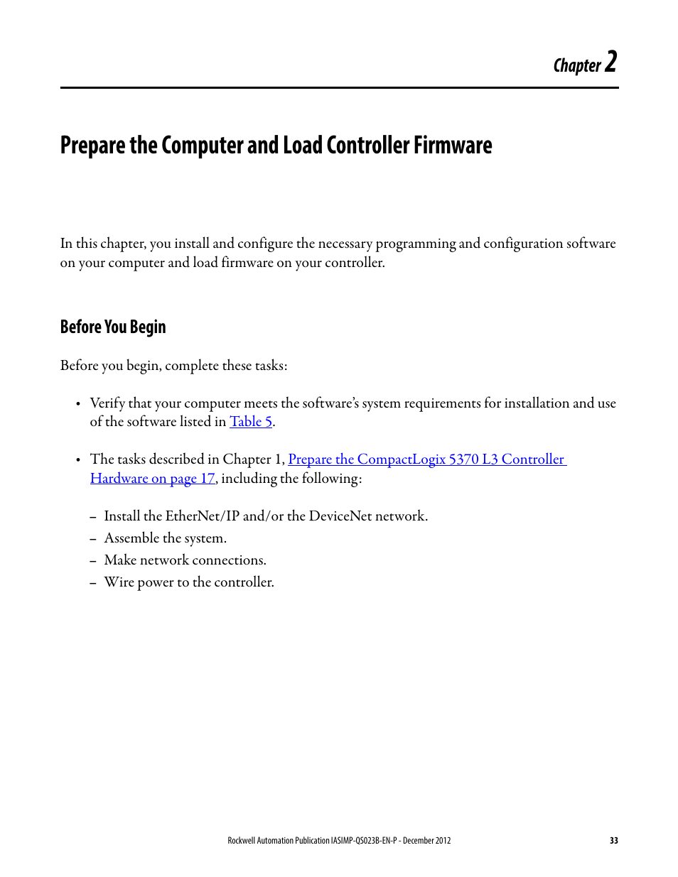 Before you begin, Prepare the computer and load, Controller firmware | Chapter 2, Prepare the computer and load controller firmware, Chapter | Rockwell Automation 1769-L30ER_L30ERM_L30ER-NSE_L33ERM_L33ER_L36ERM CompactLogix 5370 L3 Controllers Quick Start User Manual | Page 33 / 88