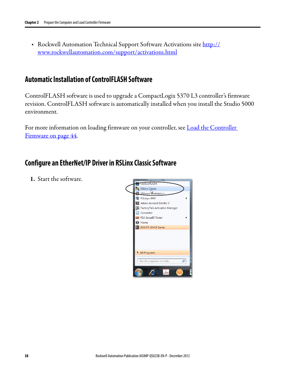 Automatic installation of controlflash software, Configure an ethernet/ip, Driver in rslinx classic | Software | Rockwell Automation 1769-L30ER_L30ERM_L30ER-NSE_L33ERM_L33ER_L36ERM CompactLogix 5370 L3 Controllers Quick Start User Manual | Page 38 / 88