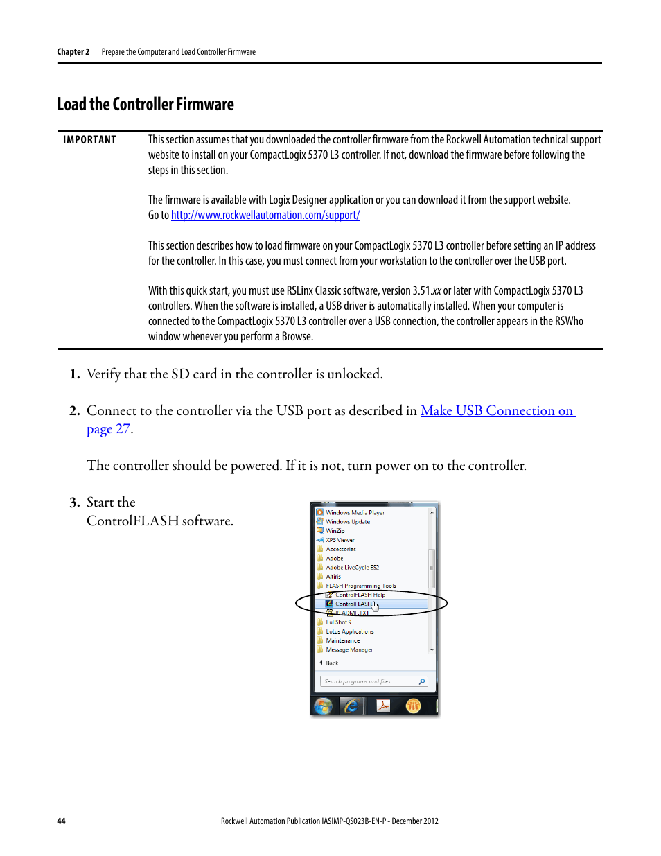 Load the controller firmware, Load the controller, Firmware | Rockwell Automation 1769-L30ER_L30ERM_L30ER-NSE_L33ERM_L33ER_L36ERM CompactLogix 5370 L3 Controllers Quick Start User Manual | Page 44 / 88