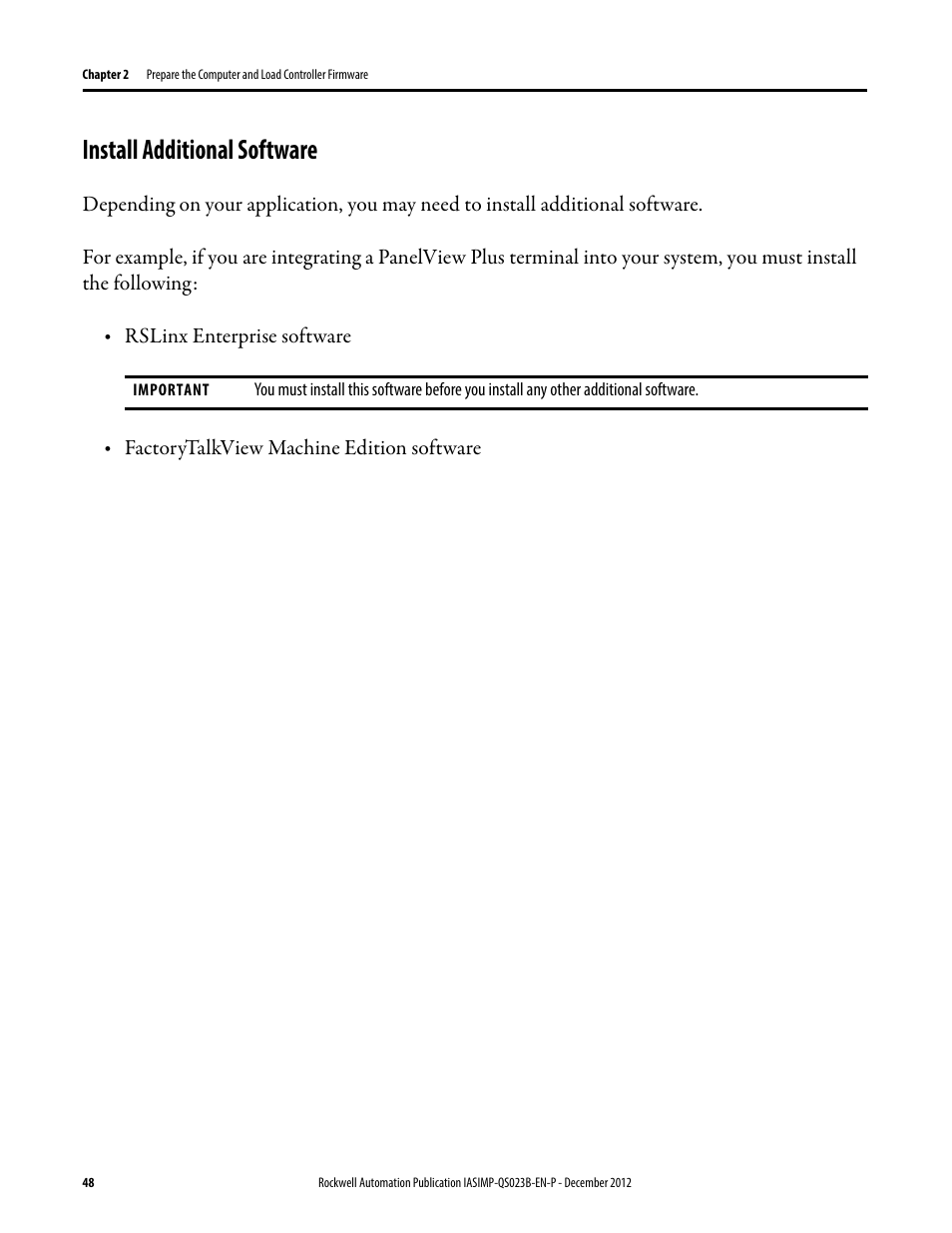 Install additional software, Install additional, Software | Rockwell Automation 1769-L30ER_L30ERM_L30ER-NSE_L33ERM_L33ER_L36ERM CompactLogix 5370 L3 Controllers Quick Start User Manual | Page 48 / 88