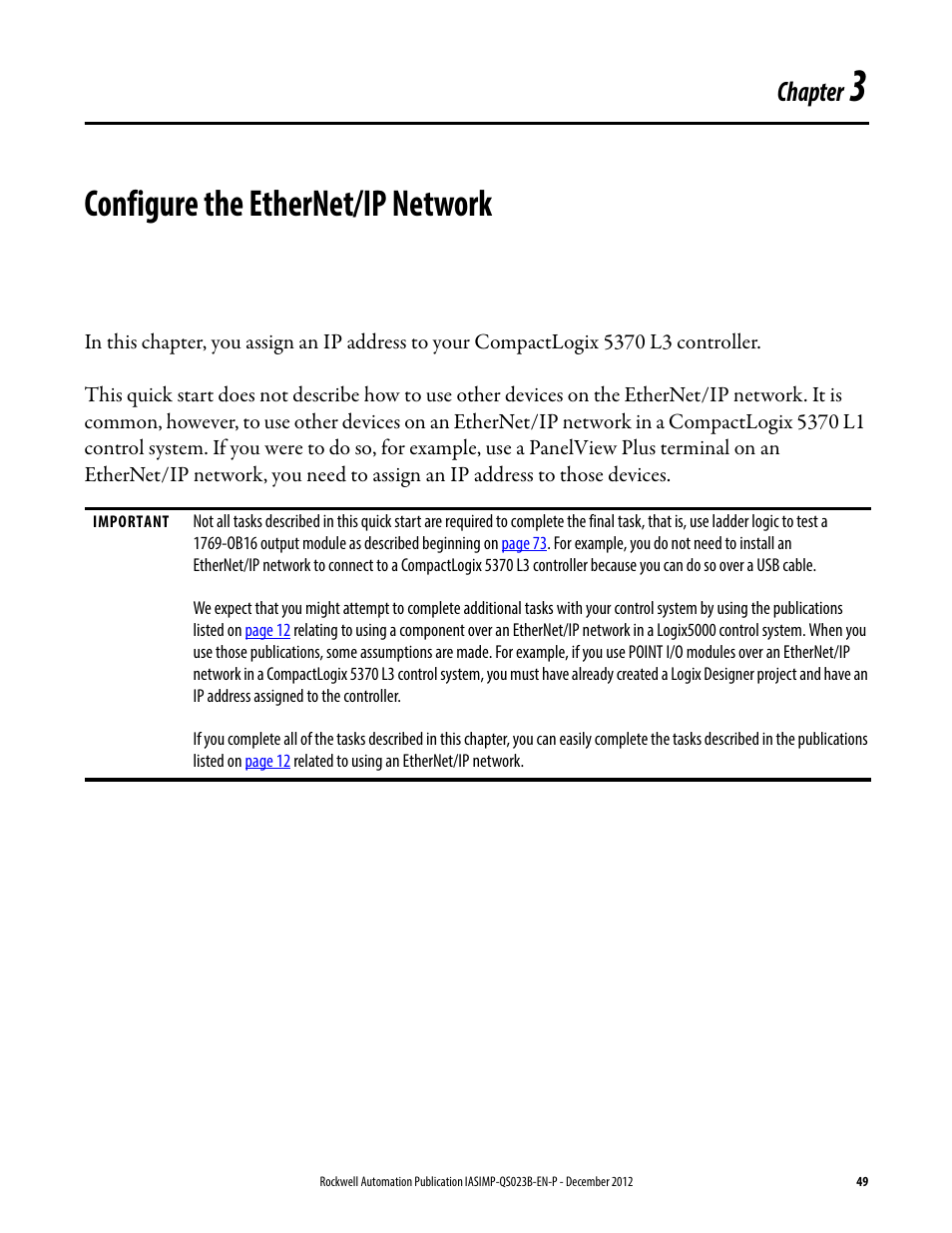 3 - configure the ethernet/ip network, Configure the ethernet/ip, Network | Chapter 3, Configure the ethernet/ip network, E chapter 3, Chapter | Rockwell Automation 1769-L30ER_L30ERM_L30ER-NSE_L33ERM_L33ER_L36ERM CompactLogix 5370 L3 Controllers Quick Start User Manual | Page 49 / 88