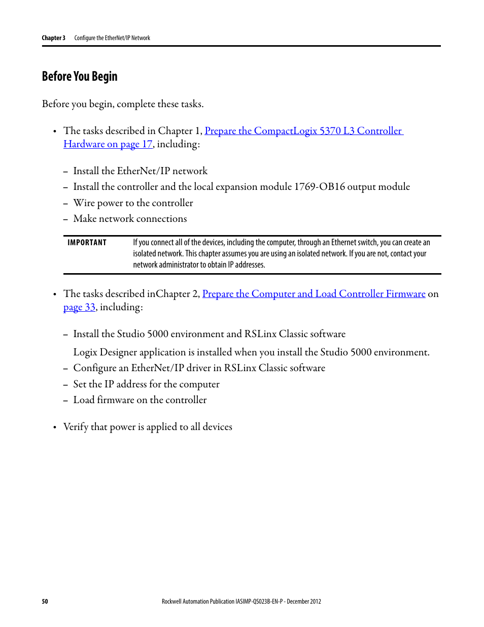 Before you begin | Rockwell Automation 1769-L30ER_L30ERM_L30ER-NSE_L33ERM_L33ER_L36ERM CompactLogix 5370 L3 Controllers Quick Start User Manual | Page 50 / 88