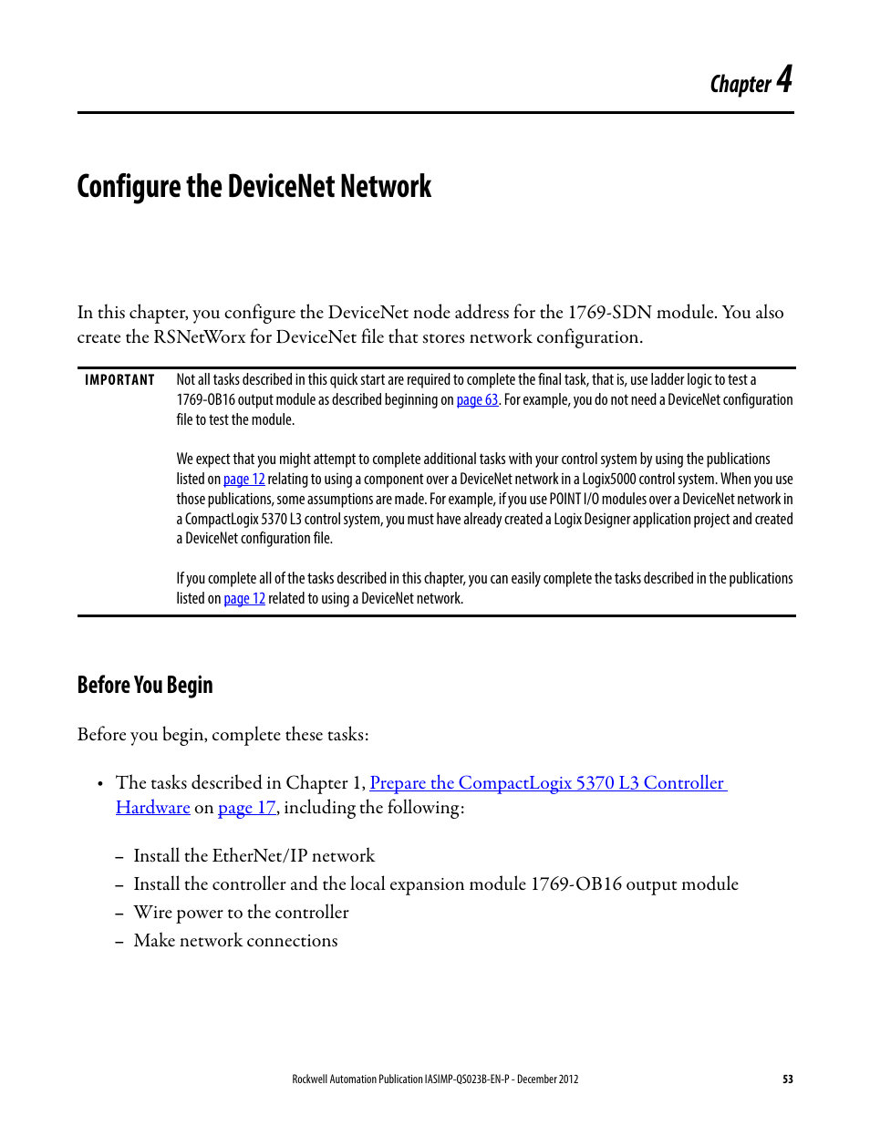 4 - configure the devicenet network, Before you begin, Configure the devicenet | Network, Chapter 4, Configure the devicenet network, E chapter 4, Chapter | Rockwell Automation 1769-L30ER_L30ERM_L30ER-NSE_L33ERM_L33ER_L36ERM CompactLogix 5370 L3 Controllers Quick Start User Manual | Page 53 / 88