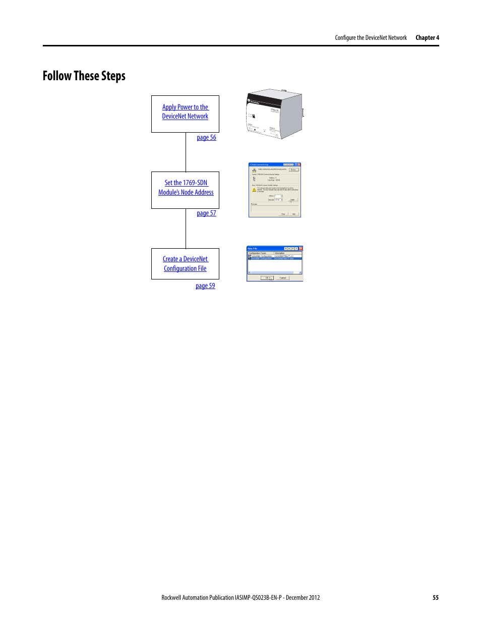 Follow these steps, Page 59 create a devicenet configuration file, Isolate p ower b efore d isconnec ting | Dc ok | Rockwell Automation 1769-L30ER_L30ERM_L30ER-NSE_L33ERM_L33ER_L36ERM CompactLogix 5370 L3 Controllers Quick Start User Manual | Page 55 / 88