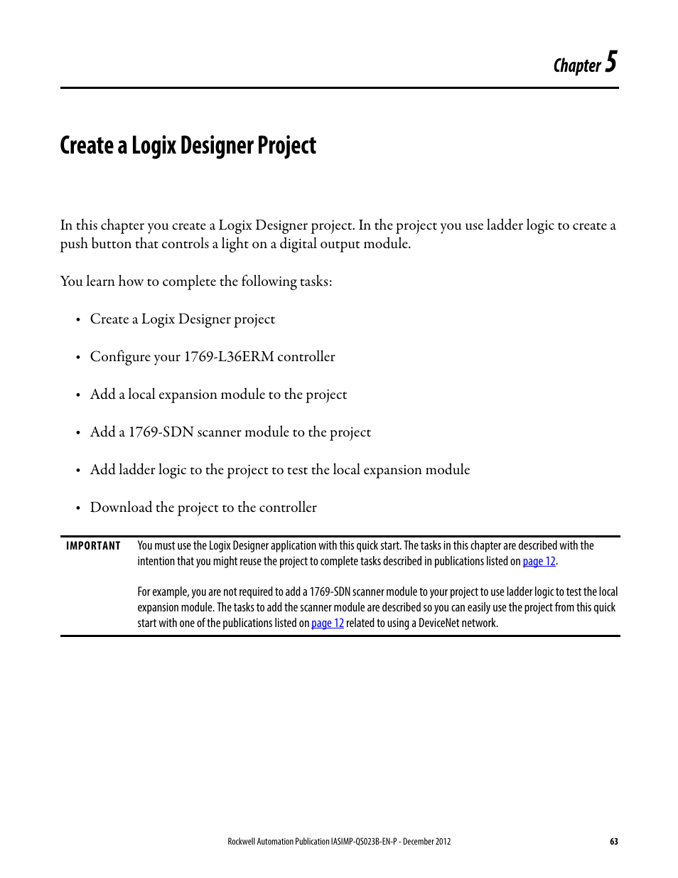 5 - create a logix designer project, Create a logix, Designer project | Chapter 5, Create a logix designer project, Chapter | Rockwell Automation 1769-L30ER_L30ERM_L30ER-NSE_L33ERM_L33ER_L36ERM CompactLogix 5370 L3 Controllers Quick Start User Manual | Page 63 / 88