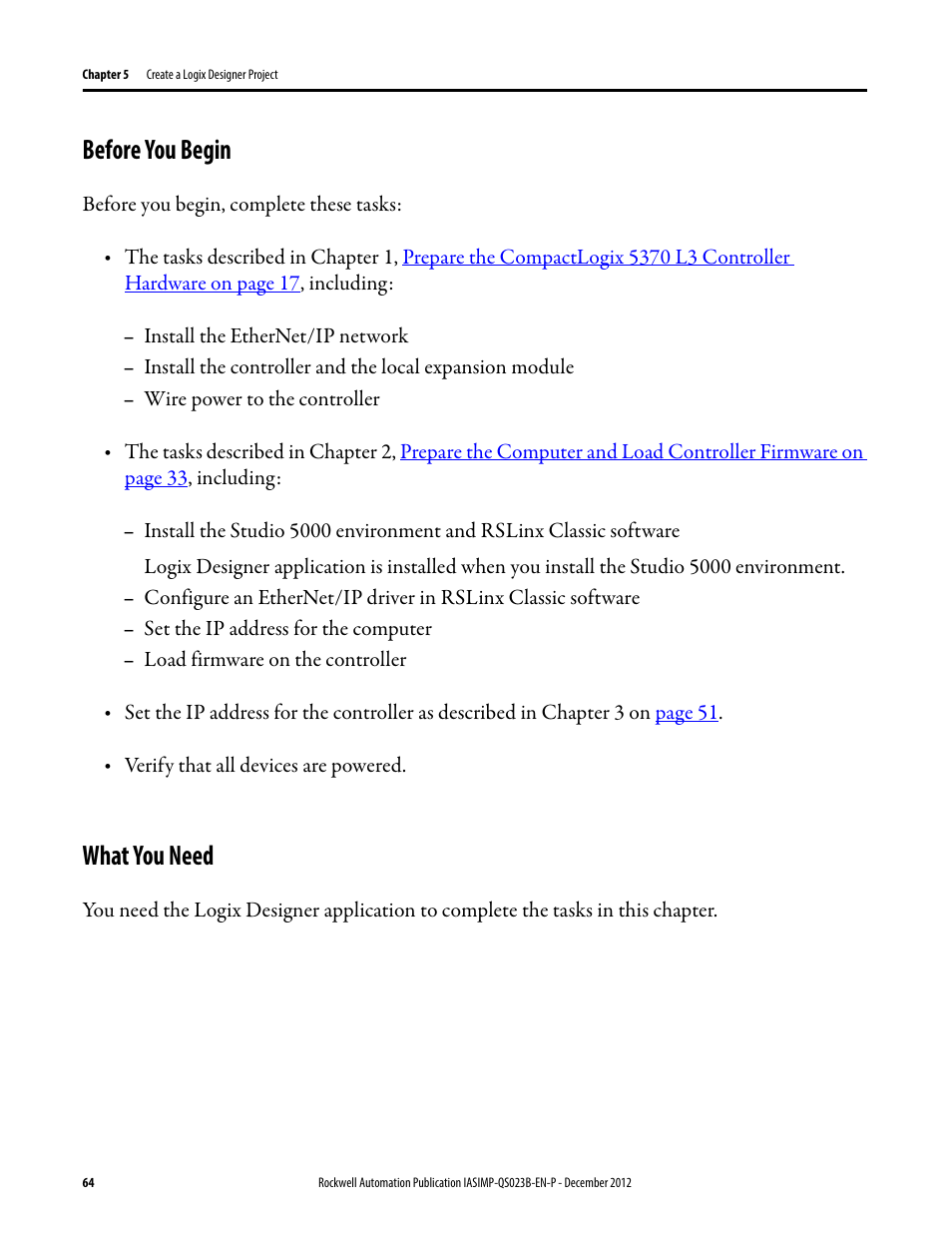 Before you begin, What you need, Before you begin what you need | Rockwell Automation 1769-L30ER_L30ERM_L30ER-NSE_L33ERM_L33ER_L36ERM CompactLogix 5370 L3 Controllers Quick Start User Manual | Page 64 / 88