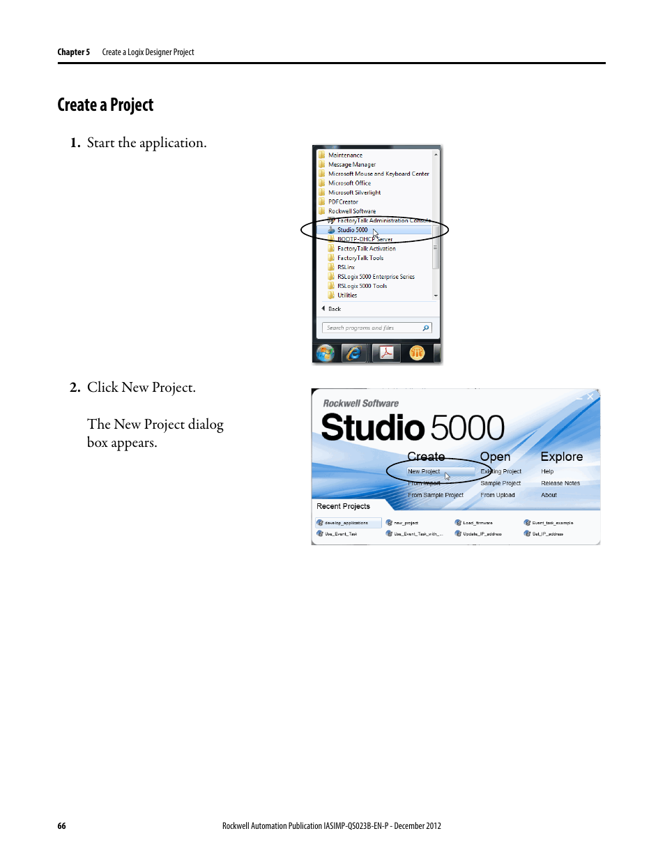 Create a project | Rockwell Automation 1769-L30ER_L30ERM_L30ER-NSE_L33ERM_L33ER_L36ERM CompactLogix 5370 L3 Controllers Quick Start User Manual | Page 66 / 88