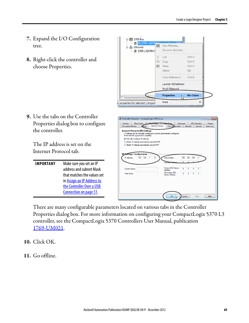 Rockwell Automation 1769-L30ER_L30ERM_L30ER-NSE_L33ERM_L33ER_L36ERM CompactLogix 5370 L3 Controllers Quick Start User Manual | Page 69 / 88